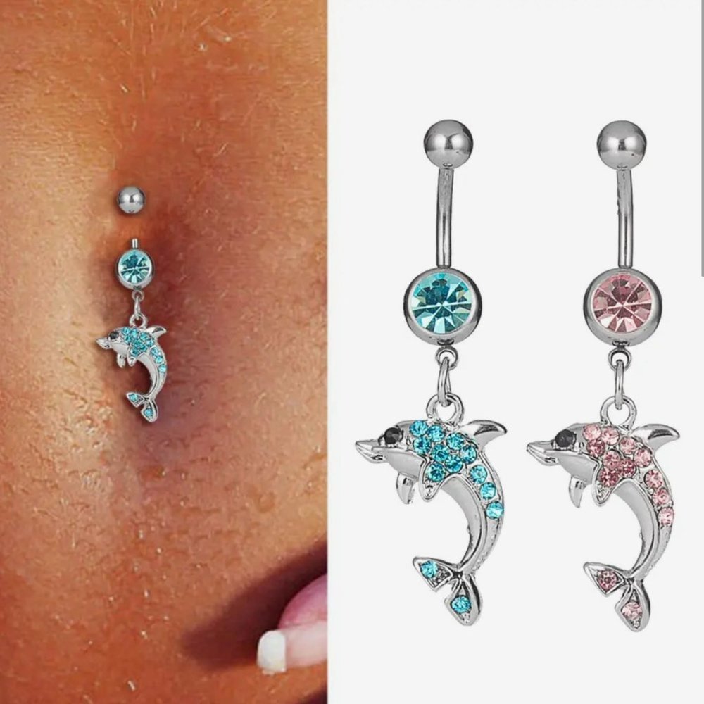Belly Button Ring Silver Surgical Stainless Steel W Dolphin Crystal Blue  Pink